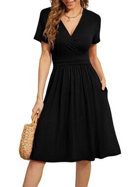 Women's Black Summer Short Sleeve Casual V-Neck Floral Party Dress with Pocket